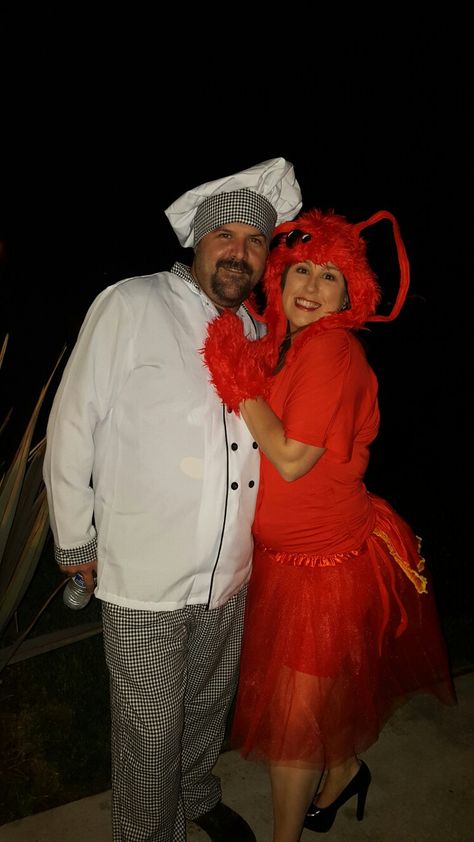 Chef and a Lobster Couple costume Chef Couples Costumes, Chef And Lobster Costume, Rat And Chef Couple Costume, Swedish Chef Costume, Lobster Tail Bustle, Diy Lobster Costume, Chef Attire, Lobster Costume, Chef Costume