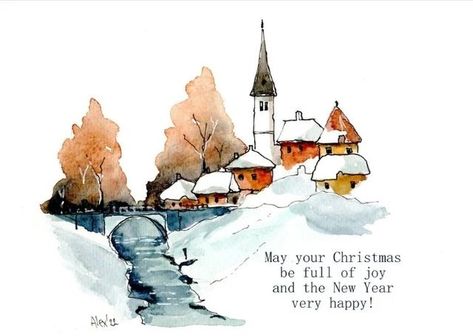 Ink And Wash, Pen And Wash, Christmas Card Art, Water Colours, Quick Sketch, Xmas Cards, Art Day, Old Houses, Card Art