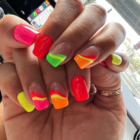 Neon Bright Summer Nails: 33+ Fun Playful Ideas with Lots of Color - Nail Designs Daily Nails Acrylic Summer 2023, Neon Nail Ideas Summer 2023, Neon Nail Designs Summer, Bright Funky Summer Nails, Neon Nail Ideas Summer Short, Bright Summer Acrylic Nails Short, Hot Summer Nails Neon, Bright Summer Nails Designs Neon, Bright Neon Acrylic Nails Summer