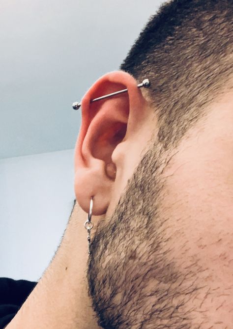 Men With Industrial Piercing, Men Percinings, Men’s Peircings, Mens Industrial Piercing, Men Industrial Piercing, Men Piercing Ears Guys, Men Piercing Ears, Guy Ear Piercings, Industrial Piercing Men