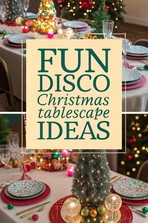 🪩 Bring the party to your table with a disco Christmas tablescape! 🎄 Incorporate disco balls, glittering décor, and vibrant colors. 🎉 Use metallic accents, bold patterns, and funky accessories. ✨ Create a festive and energetic atmosphere that gets everyone dancing! 🕺 Mid Century Christmas Table Decor, 70s Christmas Party, Disco Christmas Decorations, Disco Ball Table Decor, Retro Tablescape, Disco Christmas Party, Table Setting Aesthetic, Christmas Buffet Table, Fancy Holiday Party