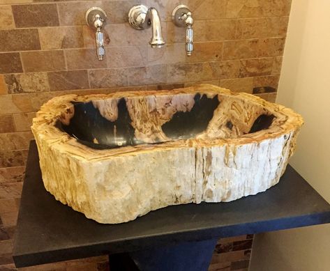 Beautiful one of a kind petrified wood sinks from Indonesia. Petrified Wood Sink Bathroom, Wood Sink Bathroom, Petrified Wood Sink, Coastal Luxe, Montana House, Cabin Vibes, Farmhouse Sinks, Stone Bathtub, Wood Sink