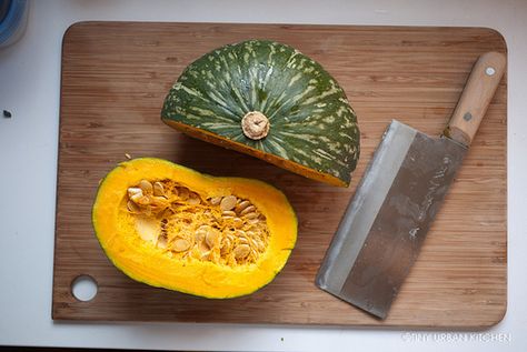 Grab a sharp knife and get hackin’. | Kabocha Squash: What The Hell It Is And How To Eat It Roasted Kobucha Squash, Kobucha Squash Recipes, Kobucha Squash, Kabocha Squash Recipe, Roasted Kabocha Squash, Vegetarian Roast, Sandwich Sides, Kabocha Squash, Sharp Knife