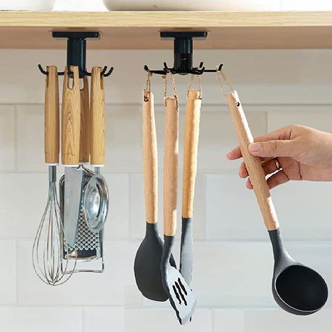 SHBaizoy 360° Rotating Kitchen Utensil Hook 2 Pieces Kitchen Utensil Hook with 6 Hooks, No Drilling Storage Organizer Rack for Kitchen/Bathroom/Wardrobe (Black) : Amazon.co.uk: Home & Kitchen Hanging Kitchen Utensils, Bathroom Wardrobe, Utensil Rack, Kitchen Hooks, Kitchen Hacks Organization, Kitchen Utensil Holder, Cabinet Kitchen, Utensil Organization, Pantry Shelf