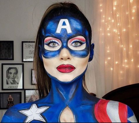 Avengers Makeup, Marvel Makeup, Adult Halloween Costume Ideas, Girl Face Painting, Theatre Makeup, America Girl, Face Art Makeup, Face Paint Makeup, Cosplay Diy