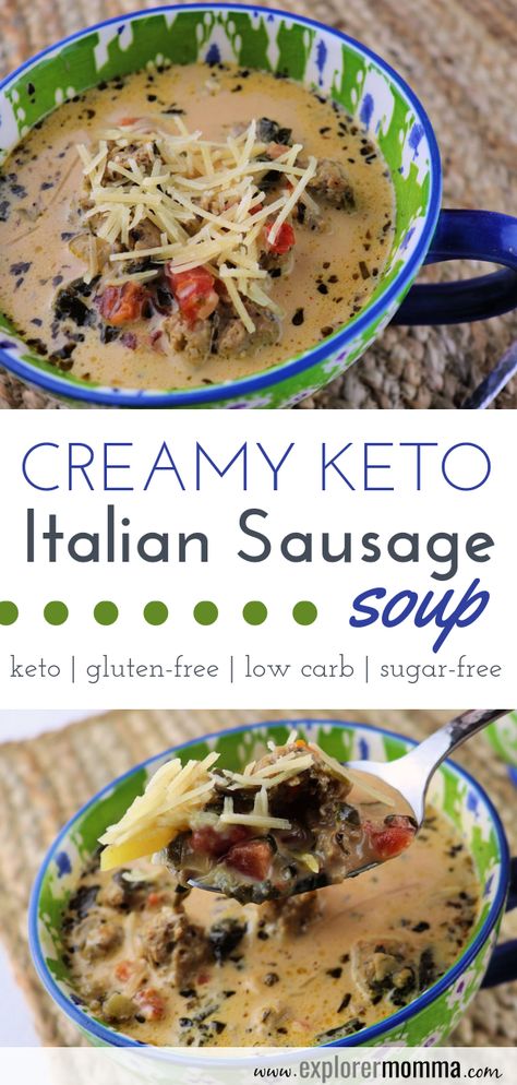 Delicious Creamy Keto Italian Sausage Soup. Need a low carb, gluten-free, easy recipe for a family dinner? Comforting and full of flavor, your family will love you. #ketorecipes #lowcarbsoups Keto Italian Sausage Soup, Drinks Soda, Keto Italian, Cena Keto, Italian Sausage Soup, Keto Drinks, Boiled Egg Diet Plan, Resep Diet, Drinks Coffee