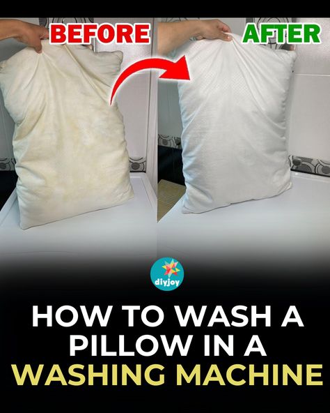 Turn your yellow pillow white again! Learn the correct way to wash a pillow with this step-by-step tutorial. Cleaning Pillows In Washing Machine, Cleaning Pillows, Repurposed Tire, Sleeping With Wet Hair, Wash Pillows, Diy Plaster, Diy Planter Box, Front Loading Washing Machine, Yellow Pillows