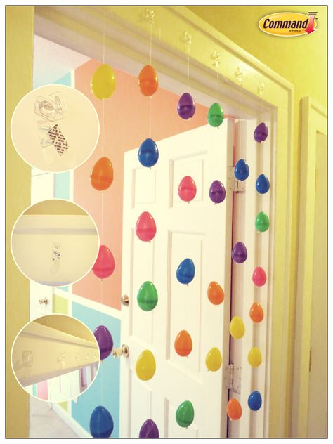 Command™ Clear Mini Hooks, fishing line, beads and plastic eggs make this cute #Easter doorway hanging! Hanging Easter Decorations, Easter Ceiling Decorations, Daycare Room Decor, Egg Party, Daycare Room, Holidays Ideas, Fun Easter Crafts, Easter Decorating, Hippity Hoppity