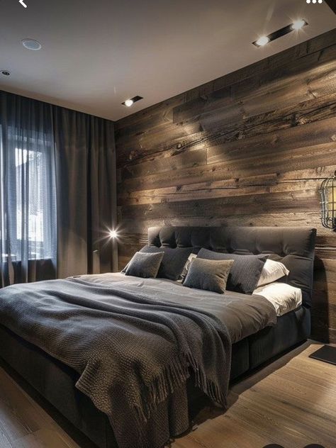 Modern Mens Bedroom, Male Bedroom Ideas, Dark Wood Bedroom, Light Walls, Man Cave Bedroom, Masculine Bedroom, Dark Bedroom, Bedroom Light, Mens Bedroom