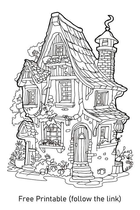 A printable coloring page of a whimsical fairy cottage. Whimsical Coloring Pages, Christmas Color By Number, Printable House, Shape Coloring Pages, Fairy Homes, Funny Printables, Fairy Images, Whimsical Fairy, Free Adult Coloring Pages