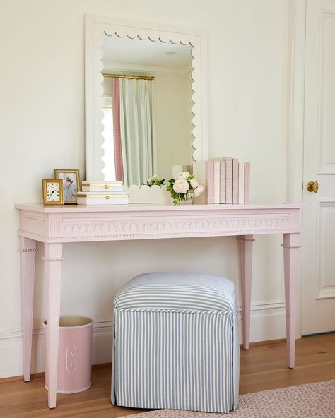 Caitlin Emma Wilson | Our Valentine’s Day Sale is ON! 💕 Shop up to 15% off sitewide today through Thursday with code: LOVE15 ⠀⠀⠀⠀⠀⠀⠀⠀⠀ 📸 Credit:… | Instagram Light Pink Vanity, Scallop Wall, College Bathroom, Bedroom Vanity Set, Dorm Desk, Caitlin Wilson, Pink Vanity, College House, Pink Desk