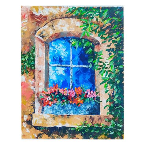 Window with flowers. Acrylic on canvas. Palette knife painting. Size 18" x 24" Window Painting On Canvas, Palette Knife Painting, Knife Painting, Window Painting, Palette Knife, Canvas Art Painting, Flower Beds, Pretty Art, Painting On Canvas