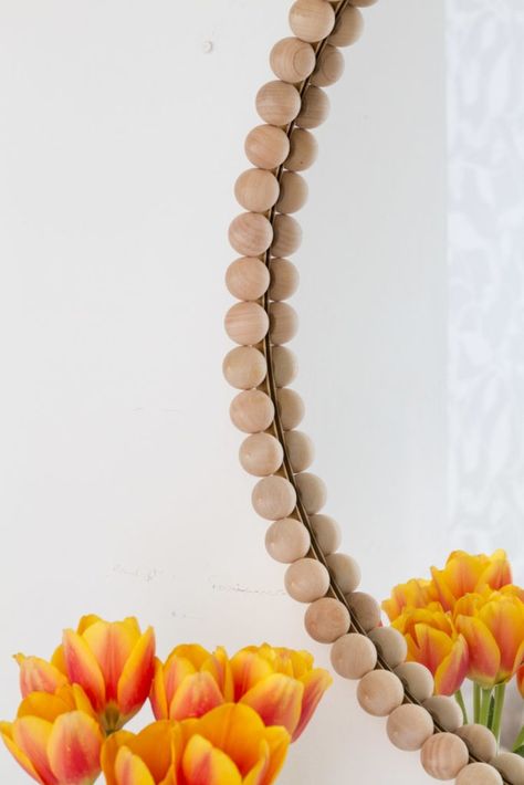 DIY Wooden Ball Mirror - zevy joy Diy Wooden Bead Mirror Frame, Diy Round Mirror, Diy Mirrors, Mirror Repurpose, Round Wooden Mirror, Ball Mirror, Round Mirror Frame, Diy Furniture Restoration, Diy Cement Planters