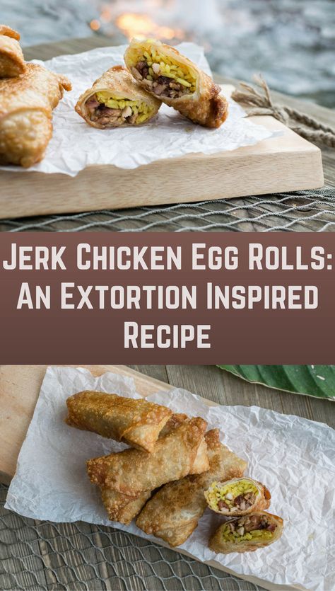 Jamaican Egg Rolls, Jerk Egg Rolls, Jerk Chicken Egg Rolls Recipes, Oxtail Egg Rolls, Jerk Chicken Egg Rolls, Eggroll Ideas, Movie Recipes, Rolled Chicken Recipes, Jerk Shrimp