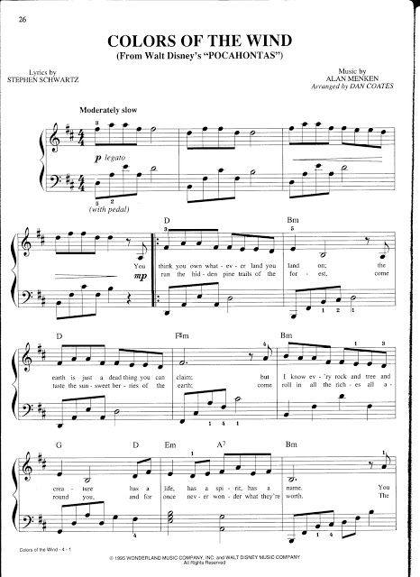 Partitura para piano de Colors of the Wind, Pocahontas | Partituras de piano | Sheet music for piano Popular Piano Sheet Music, Disney Sheet Music, Colors Of The Wind, Clarinet Sheet Music, Saxophone Sheet Music, Flute Sheet Music, Violin Sheet, Violin Sheet Music, Sheet Music For Piano