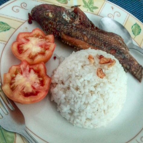 Lunch, Garlic Rice, Fried Tilapia, Fish, Tomato Tilapia With Rice, Tilapia Fried, Fish Tomato, Fried Tilapia, Rice Fried, Tilapia Fish, Garlic Rice, Fried Fish, Garlic