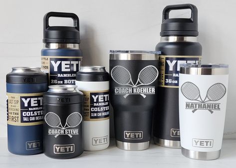 Personalized, laser engraved YETI. Engraving is permanent, not a decal!  Available Colors: Black, Navy, White, and Stainless Steel Available Styles: 20 and 30 oz. Tumblers, 16 oz. TALL Can, 12 oz. SLIM Can, 12 oz. Can Colsters, and 26 and 36 oz. Bottles. Laser engraving stainless steel (silver) tumblers will produce a black engraving.  Laser engraving coated Yetis removes the coating and reveals the stainless steel beneath. Made from 18/8 stainless steel, double wall vacuum insulation, no sweat Engraved Yeti Tumbler, Personalized Stethoscope, Engraved Yeti, Yeti Stickers, Engraved Tumblers, Yeti Decals, Yeti Tumbler, Personalized Bottles, Coach Gift