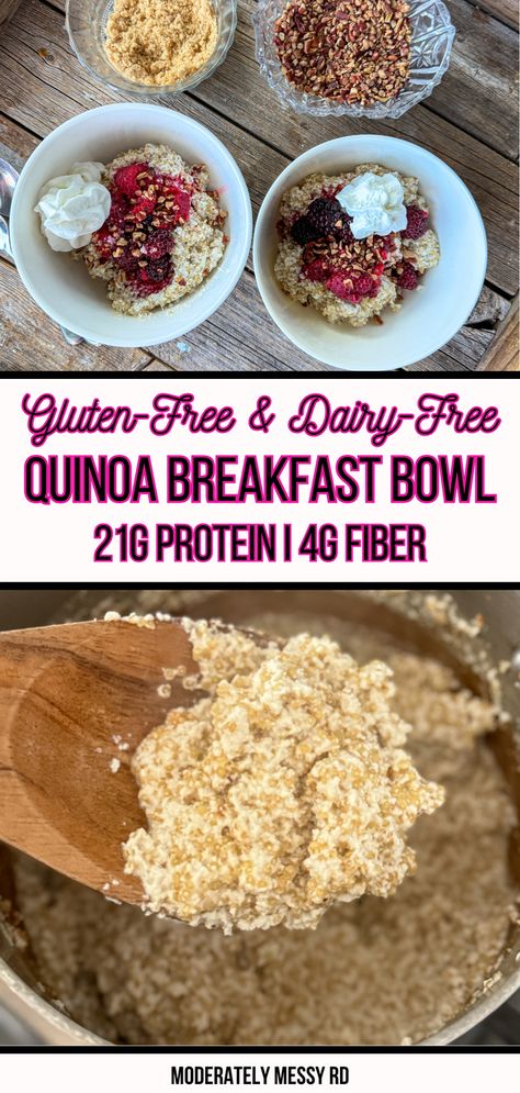 Tired of the same old oatmeal? Give this creamy quinoa breakfast bowl a try! It's nutty (no mush) and packed with flavor from the coconut milk with endless topping ideas - like bananas and whipped cream or berries and chopped pecans. Each serving has 21 grams of protein and 4 grams of fiber so it's a perfectly well-balanced meal. Recipe makes 4 servings for an easy grab-and-go breakfast option. Quinoa Breakfast Recipes, Microbiome Recipes, Creamy Quinoa, Quinoa Recipes Breakfast, Chia Seed Coconut Milk, Breakfast Quinoa, Breakfast Protein, Quinoa Breakfast Bowl, Quinoa Bowls