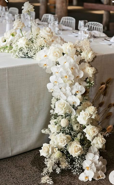 White Wedding Flowers Centerpieces, Reception Head Table, Brass Vases, Lebanese Wedding, Crystal Vases, Sweetheart Table Wedding, Cascading Flowers, White Wedding Theme, Beach Wedding Flowers