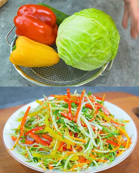 Spicy Cabbage Salad with Crunchy Vegetables Recipe - knedir Recipes Spicy Cabbage Salad, Spicy Cabbage, Zucchini Vegetable, Potluck Side Dishes, Cauliflower Fritters, Balanced Meal Plan, Spiced Cauliflower, Cheesy Zucchini, Asian Inspired Dishes