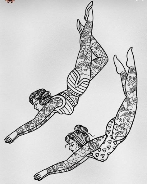 Diver Lady Tattoo, Diving Pinup Tattoo, Traditional Swimmer Tattoo, Vintage Swimmer Tattoo, Diving Lady Tattoo, Diving Woman Tattoo, Woman Swimming Tattoo, Diving Mermaid Tattoo, Maneater Tattoo