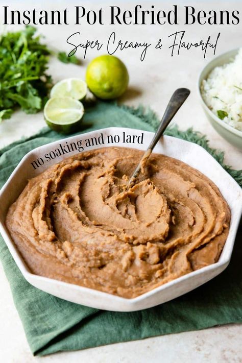 Learn how to make refried beans in your Instant Pot- no soaking required & no lard! Full of flavor and super creamy, these are so much better than canned refried beans. Refried Beans Instant Pot, Instapot Refried Beans, Authentic Refried Beans With Lard, Instant Pot Refried Beans No Soak, Instant Pot Refried Beans Recipe, Make Refried Beans, Canning Refried Beans, Bean And Bacon Soup, Refried Beans Recipe