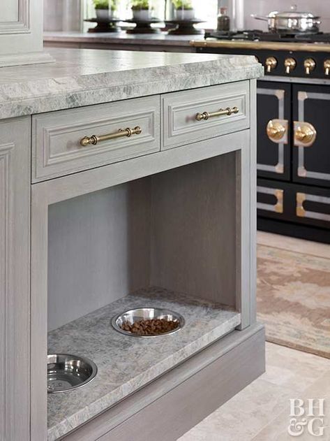 Sneaky Storage Solutions for Every Little Thing Dog Feeding Station Built In, Hidden Dog Food Bowls, Pet Bowls In Kitchen, Kitchen Island With Dog Bowls Built Ins, Custom Dog Food Station, Kitchen Dog Food Storage, Pantry Dog Food Storage, Hidden Dog Bowls In Kitchen, Dog Feeding Station In Laundry Room