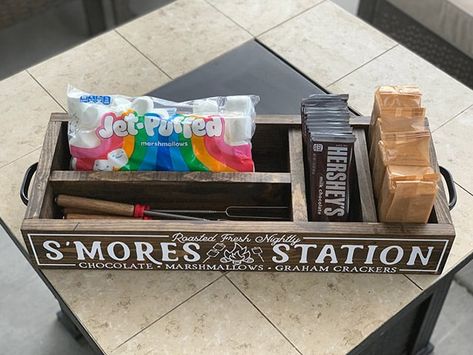 DIY S'mores Station - Burton Avenue Diy Wooden Tiered Stand, Diy Smore Station, S’more Box Diy, S’mores Caddy Diy, S’mores Box Idea, Smores Box Ideas, S’mores Box Diy, S'more Caddy Diy, S’more Caddy