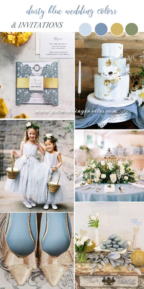 Dusty Blue And Gold Wedding Theme, Dusty Blue Wedding Colors, Dusty Blue And Gold Wedding, Wedding Invitations Light Pink, Light Blue Wedding Colors, Blue Wedding Colors, Mauve Wedding Invitations, Dusty Rose Wedding Colors, Yellow Wedding Colors