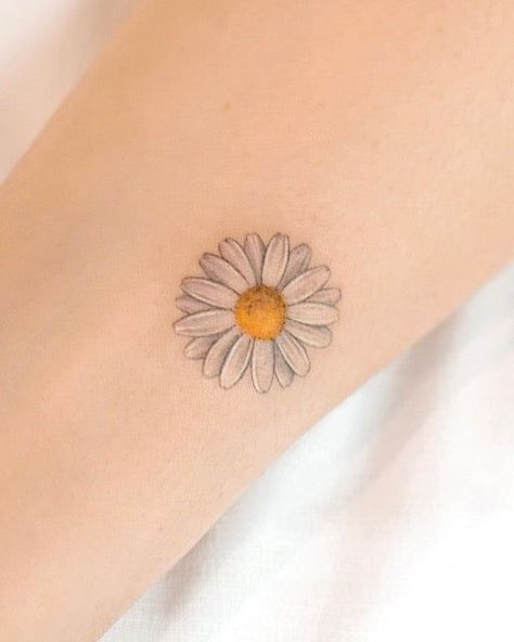 Daises Flowers Tattoo, White Daisy Tattoo, Small Daisy Tattoo, Daisy Tattoos, Margarita Flower, Colorful Tattoos, Tattoo Dotwork, Daisy Tattoo, Cute Little Tattoos