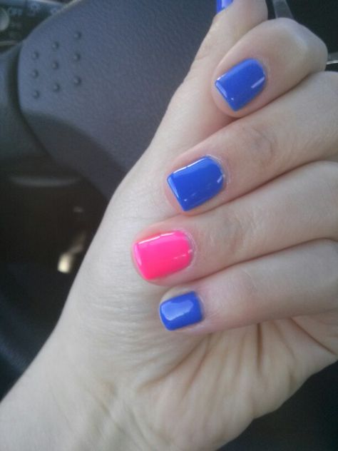 Royal Blue and Hot Pink shellac Bright Blue And Pink Nails, Blue And Hot Pink Nails, Royal Blue And Pink Nails, Dark Blue And Pink Nails, Hot Pink And Blue Nails, Blue And Pink Nails, Nail Designs Fall Gel, Bright Gel Nails, Pink Shellac