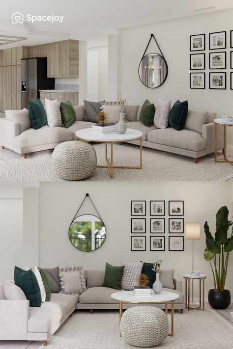 This living-dining room features a small white dining table with sleek, curved back gray velvet dining chairs while a brass candelabra style light fixture hangs above. A corner sectional and two light silver barrel chairs help to create the living area around the fireplace. The muted hues with highlights of forest tones look classy. We love the use of plants in this space with the gold highlights—such a chic combination. Love this? Check the design by our designers at Spacejoy. Green Gold And Beige Living Room, Sage Green And White Living Room Decor, Home Decor Green And Gold, Gray Green And Beige Living Room, Modern Classy Living Room Ideas, Small Space Living And Dining Room, Light Green And Gray Living Room, Living Room Decor With Gold Accents, Cream Living Room With Green Accents