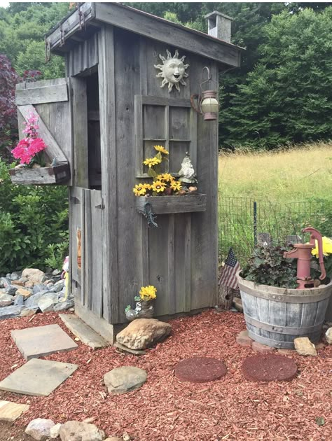 Cute Well House Ideas, Outhouse Garden Shed, Fancy Outhouse Ideas, Outhouse Design Ideas, Outhouse Tool Shed, Outhouse Door Ideas, Outhouse Decorating Ideas, Whimsical Outhouse, Out Houses Pictures