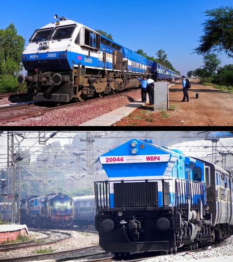 Top: WDP-4 20005 in Short hood Forward mode, Below: WDP-4 20044 in Long hood Forward mode. The EMD GT46PAC is a passenger-hauling diesel-electric locomotive with AC electric transmission designed by General Motors Electro-Motive Division and built by both GM-EMD and under license by Diesel Locomotive Works (DLW) of Varanasi, India for Indian Railways as their classes WDP-4, WDP-4B and WDP-4D. The GT46PAC is a passenger version of the previous Indian Railways EMD GT46MAC freight locomotive. The l Wdp4d Locomotive, Hd Tattoos, Train Wallpaper, Train Photo, Indian Railways, Black And White Art Drawing, Electric Locomotive, Train Engines, Diesel Locomotive