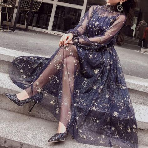 Starry Layered Tulle Long Dress YV484 2 Piece Lace Dress, Walburga Black, Celestial Dress, Tulle Long Dress, Long Dress Patterns, Moon Dress, Korean Dress, Star Dress, Mesh Dress