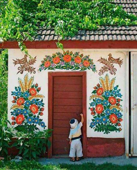 Anezka Kasparkova- 91 year old Czech street artist - Imgur Polish Folk Art, Folk Art Flowers, Painted Wall, Beautiful Villages, Camping Ideas, Folk Art Painting, Street Artists, Mural Art, Flowers And Leaves