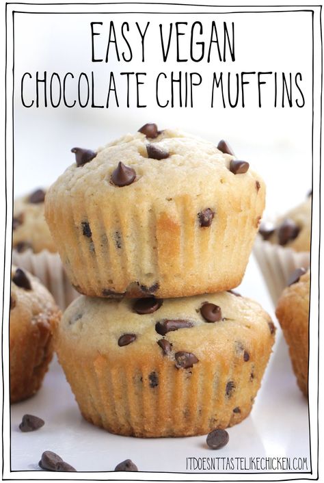 Vegan Chocolate Chip Muffins, Chocolate Chip Muffins Recipe, Bakery Style Muffins, Vegan Baking Recipes, Vegan Muffins, Vegan Chocolate Chip, Muffin Recipe, Chocolate Chip Muffins, Easy Cookie Recipes