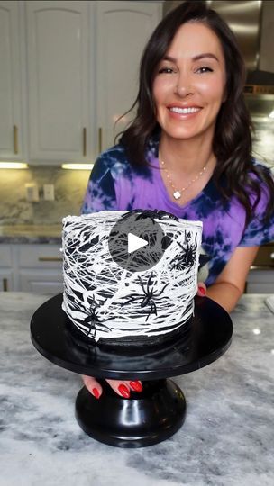 763K views · 79K reactions | Spiderweb Cake🕷️Follow @chefgenevieve for 50 Halloween inspired recipes 👻👻 Recipe ⬇️
Who’s ready for Spooky Season?

Ingredients:
1 box white cake mix
1 cup water
1/2 cup vegetable oil
3 eggs
Green food coloring 
Orange food coloring
Purple food coloring 

Combine all ingredients. Divide batter evenly between three bowls and add food coloring to each bowl and mix well.

Spray and line bottom of three 6 inch cake pans with parchment paper. Pour batter into each pan. Bake in a 325°F oven for 26 minutes or until a toothpick comes out clean. Allow to cool to room temperature then slice off the tops to level. 

Frosting:
2 cups butter, room temperature 
7 cups confectioners sugar
1 cup cocoa powder
1 tbsp vanilla extract
Black food coloring 

Beat butter until li Spiderweb Cake, Spider Web Cake, Spooky Halloween Cakes, 6 Inch Cake, Orange Food, Purple Food Coloring, Black Food Coloring, Orange Food Coloring, Purple Food