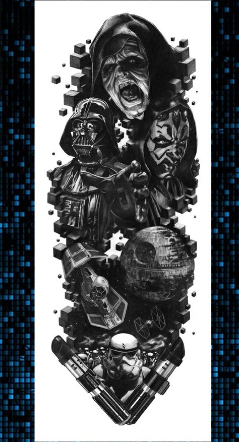 Star Wars Full Sleeve Tattoo, Quantum Particles, Sith Tattoo, Vertical Illustration, Star Wars Tattoo Sleeve, Darth Vader Tattoo, Lotr Tattoo, Star Wars Villains, Star Wars Painting