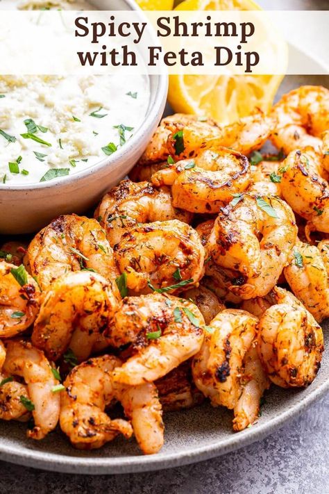 This grilled Spicy Shrimp with Feta Dip is a quick and easy appetizer or light dinner that's perfect for summer! #shrimp #feta #dip #dippingsauce #grilling #appetizer #healthydinner #easyappetizer #easydinner Shrimp With Feta, Appetizers Shrimp, Feta Sauce, Summer Shrimp, Shrimp Appetizer Recipes, Packed Meals, Spicy Prawns, Shrimp Appetizers, Feta Recipes