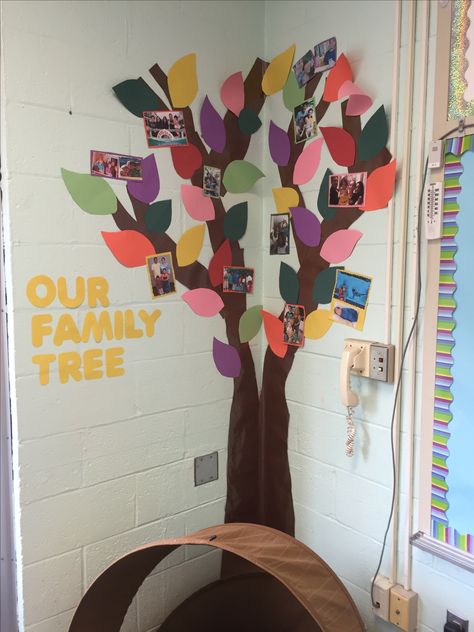 Family Photo Wall Ideas Classroom, Childcare Family Tree, Family Tree Toddler Classroom, Family Tree Board Ideas Classroom, Family Wall For Classroom, Family Tree Daycare Ideas, Daycare Family Tree, Family Tree Preschool Classroom, Family Tree Ideas For Classroom