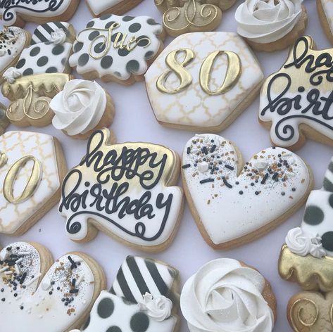 Love, Katye Cookie Shop on Instagram: “Y’all know I LOVE a good milestone. And black and white! I’m swooning over these cookies!! #birthdaycookies #80thbirthday…” 80 Birthday Cookies Decorated, 80 Birthday Cookies, 80th Birthday Cookies Decorated, 80th Birthday Cookies, 70th Birthday Cookies, Gold Cookies, 80 Birthday, Anniversary Cookies, Cookie Shop