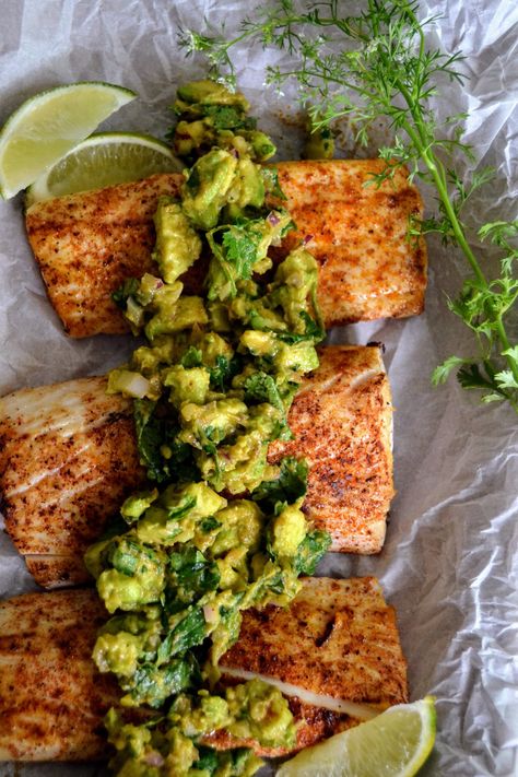 A fresh and easy dinner the whole family will love, sear the fish in minutes or even grill it, just make sure you top it with the creamy and limey salsa. This is Whole30, Paleo, low carb/keto, gluten free, and dairy free. Mahi Mahi Lean And Green Recipes, Optavia Lean And Green Recipes 5&1 Mahi Mahi, Shrimp Lettuce Cups, Quick Pickled Vegetables, Cooked Shrimp Recipes, Mahi Mahi Recipes, Fish Dinners, Keto Seafood, Bahn Mi