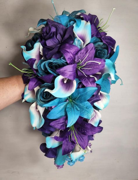 Purple Teal Rose Tiger Lily Bridal Wedding Bouquet Accessories - Etsy Stargazer Lily Centerpieces Wedding, Hibiscus Wedding Bouquet, Purple And Turquoise Wedding Ideas, Teal And Purple Wedding, Purple And Teal Wedding, Purple Teal Wedding, Purple Turquoise Wedding, Hibiscus Wedding, Bouquets Bridesmaids