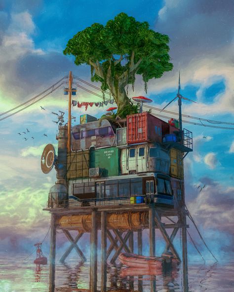 ArtStation - OCEAN FRONT, beeple . Sea House, Areas Verdes, House By The Sea, Image Painting, ��판타지 아트, Artist Websites, Fantasy Landscape, New Pictures, Art World