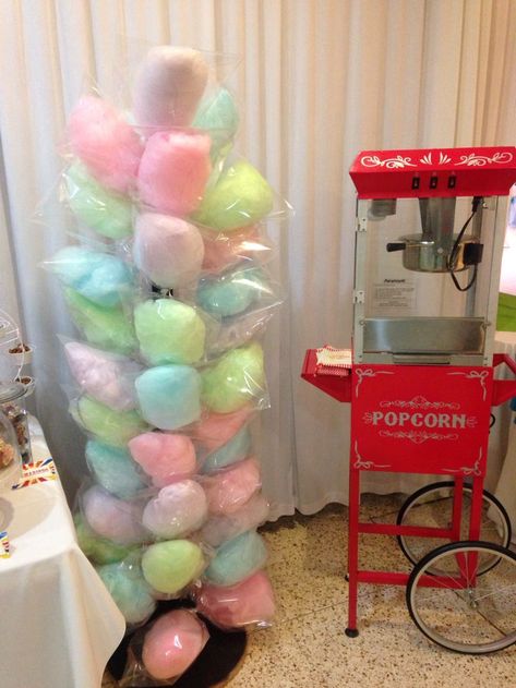 Cotton Candy Graduation Party, Inside Carnival Birthday Party, Carvinal Party Ideas, Food For Carnival Themed Party, Popcorn And Cotton Candy Stand, Cotton Candy Holder Stand, Popcorn Machine Party, Carnival Theme Graduation Party, Popcorn Machine Stand Ideas