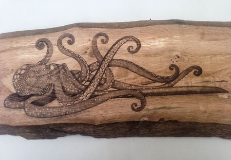 Octopus Wall Art, Oak Wall, Pyrography Art, Signed Artwork, Wood Slice Ornament, Ocean Wall Art, Sea Creature, Wood Engraving, Wooden Decor