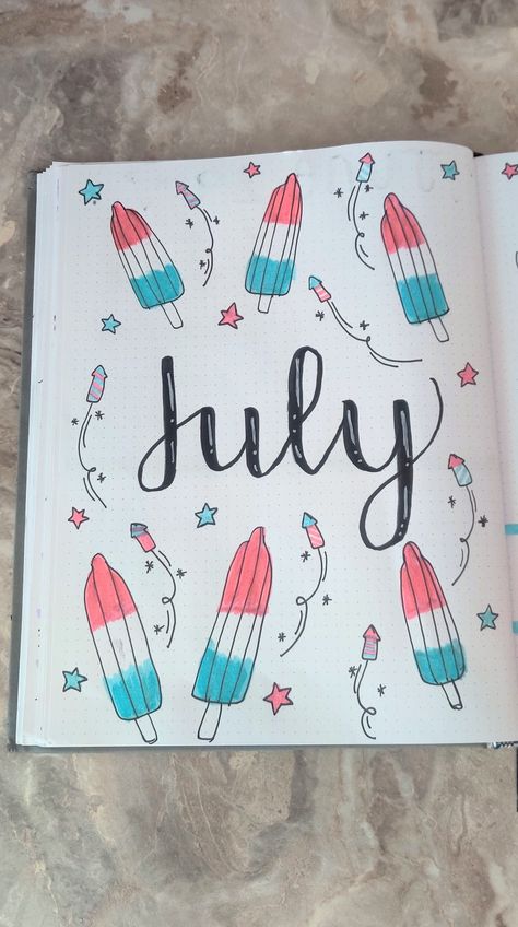 #monthlycalender #monthlyspread #weeklyspread #julybujo #julybulletjournal #bulletjournal #bullet journal #bujocommunity July Bujo Theme Ideas, June Reading Journal Spread, July 2024 Wallpaper Aesthetic, July Planner Ideas, July Journal Cover, Fourth Of July Drawings, July Bujo Theme, Month Drawings, July Doodles