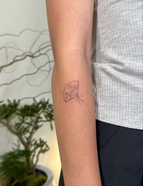 tattoo, fine line, tattoo artist, fan tattoo, artist, tattoo art, fine line black and white, inspo Spain Small Tattoo, Fan Tattoo Arm, Fine Line Fan Tattoo, Espana Tattoo, Small Fan Tattoo, Seville Tattoo, Folding Fan Tattoo, Spanish Tile Tattoo, Spain Inspired Tattoo