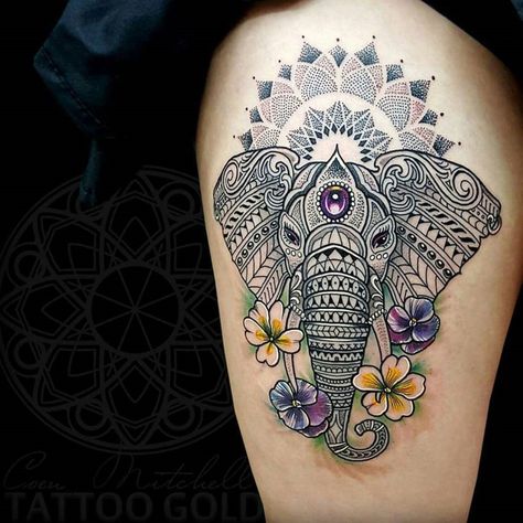 Black ink mosaic elephant with mandala and flowers, done on the front of girl's thigh. Geometric Tattos, Mosaic Tattoo, Elephant Thigh Tattoo, Mandala Elephant Tattoo, Mandala Thigh Tattoo, Tattoo On Thigh, Geometric Animal Tattoo, Tattoo Son, Tier Tattoo